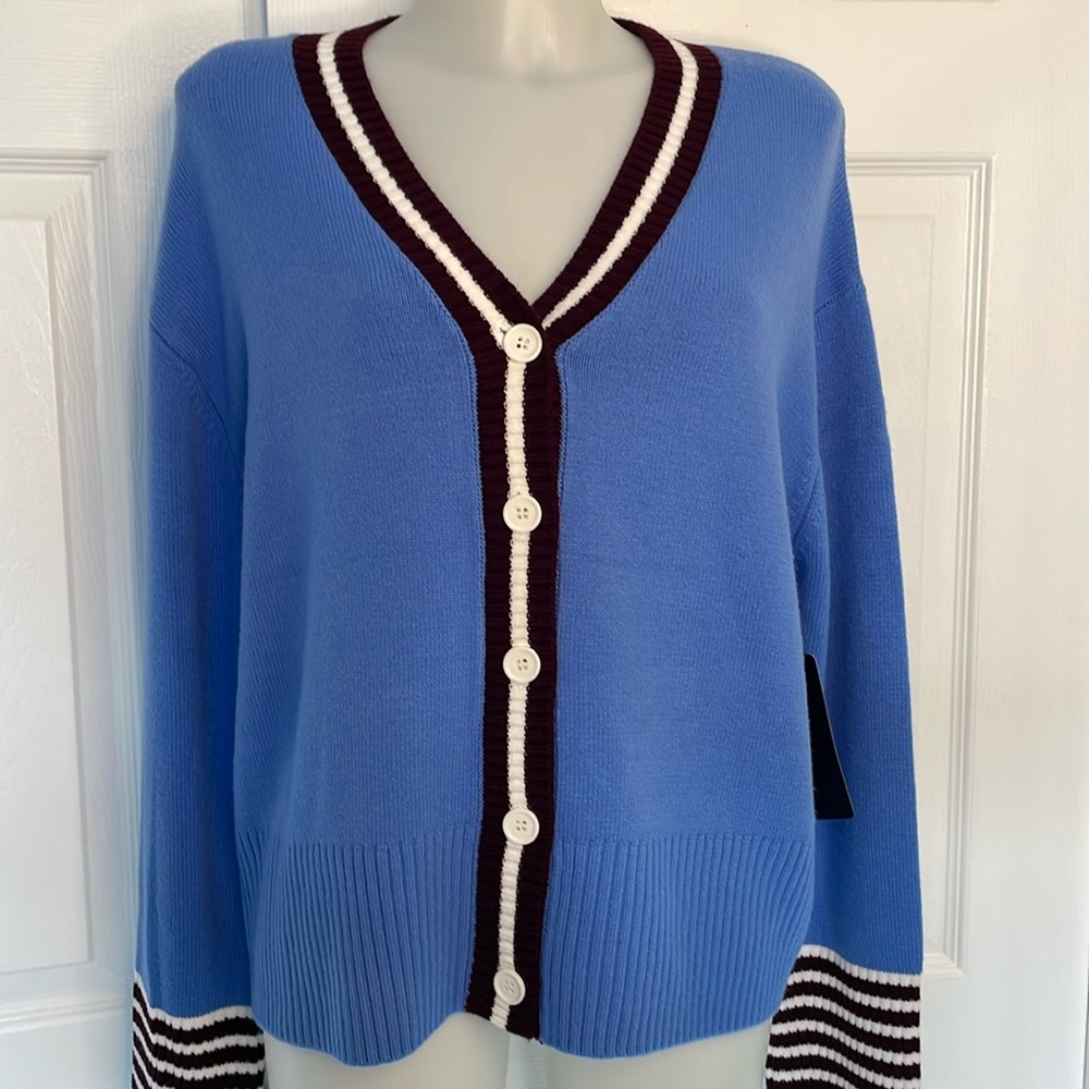 FRENCH CONNECTION VARSITY STYLE VNECK LONG SLEEVE RIB BOTTOM SWEATER BLUE SIZE L - Picture 4 of 13